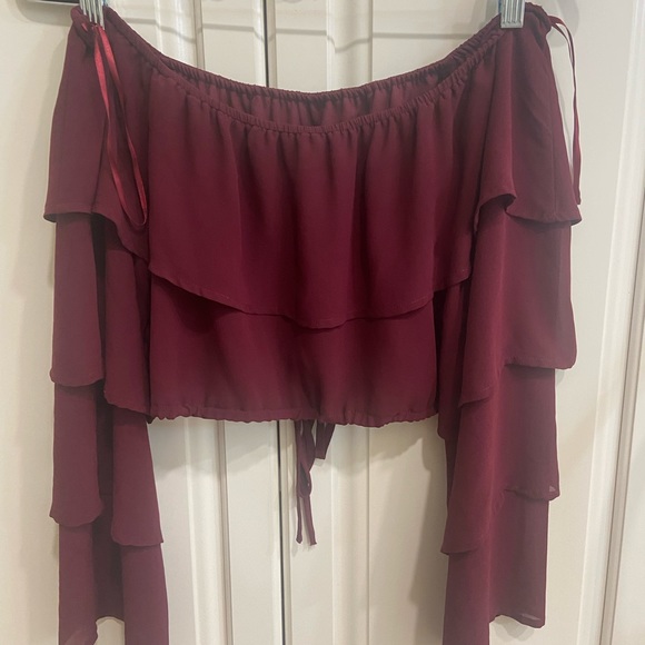 Maroon, long sleeve, off the shoulder, crop top, size medium - Picture 2 of 5